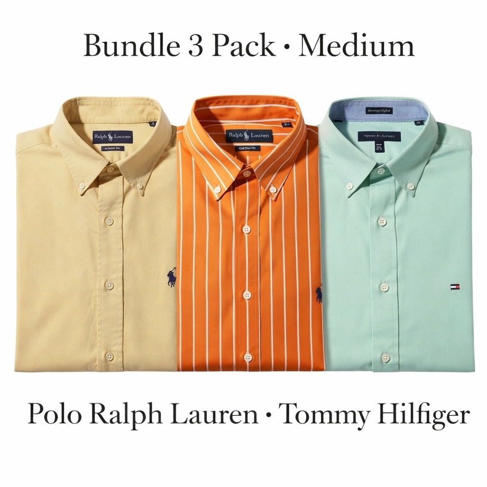 Bundle 3 Pack Medium Long Sleeve Dress Shirts Polo Ralph Lauren Tommy Hilfiger